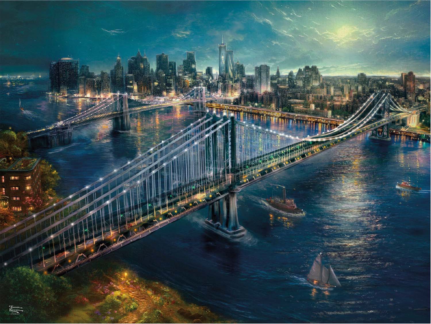 Thomas Kinkade Inspirations - Moonlight Over Manhattan Landscape Jigsaw Puzzle