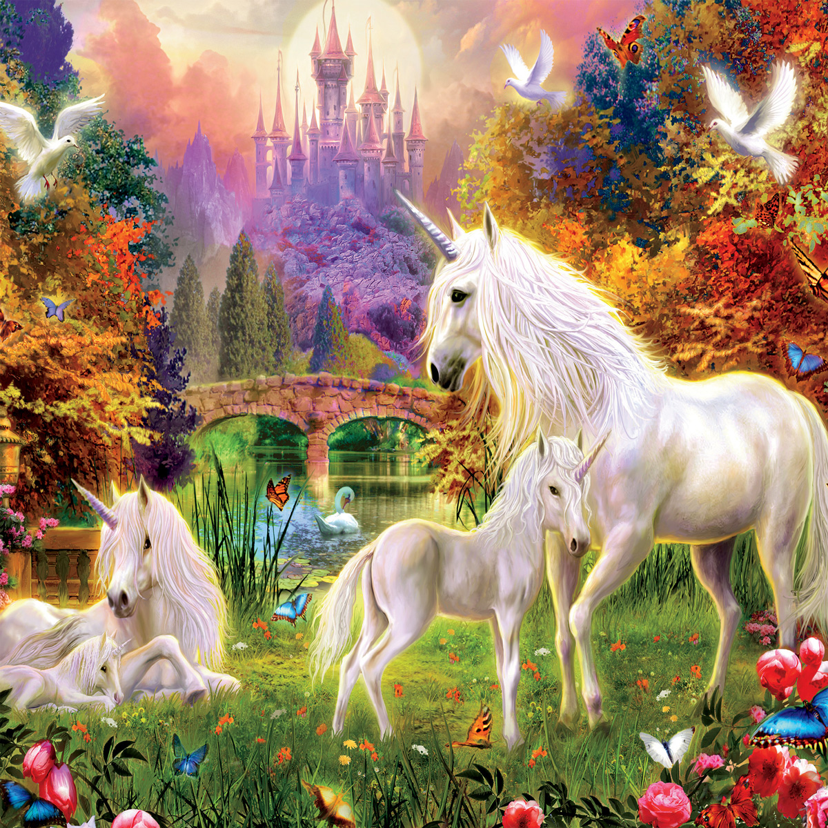 Unicorns By The Castle (Glitter) - Scratch and Dent Unicorn Glitter / Shimmer / Foil Puzzles