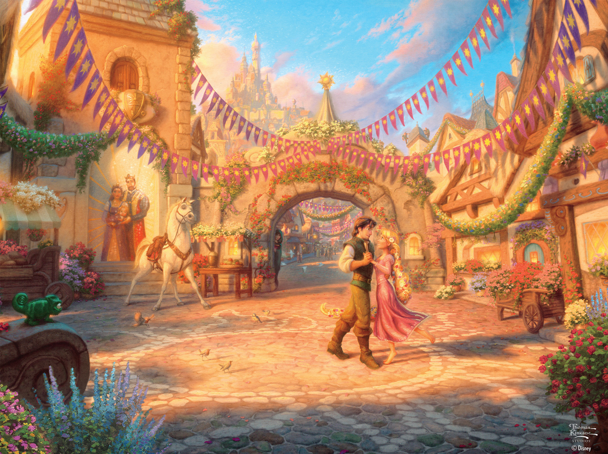 Thomas Kinkade Disney - Rapunzel Dancing in the Sunlit Courtyard Disney Jigsaw Puzzle
