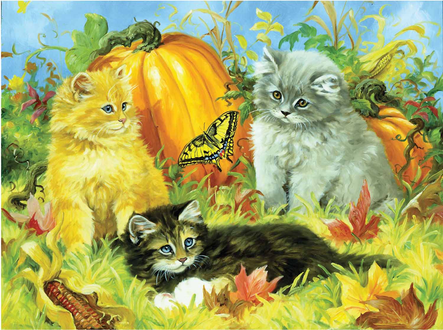 Fluffy Kittens With Pumpkin Dogs Jigsaw Puzzle