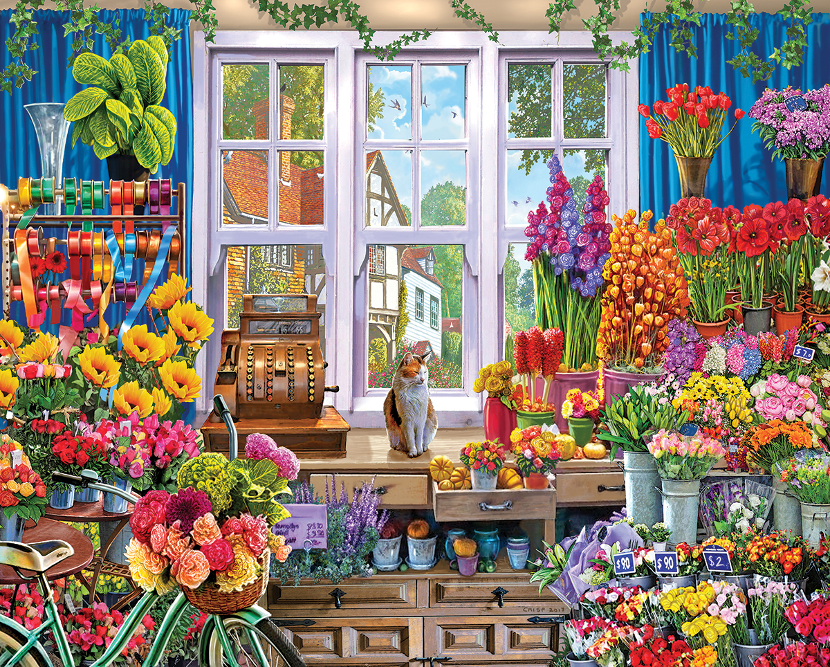 500 pc Masterpieces Sale on the Square Flowers Dog Market Jigsaw Puzzle 60650 