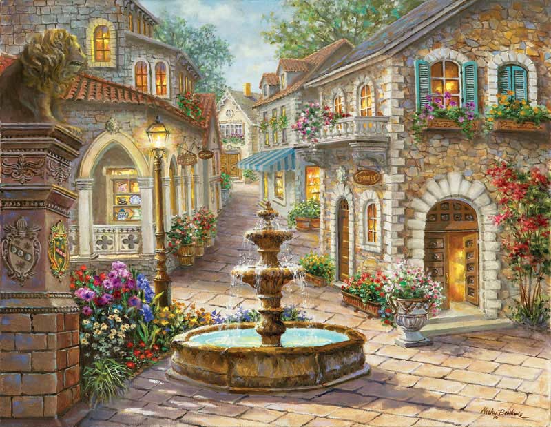 Cobblestone Fountain, 1000 Pieces, SunsOut | Puzzle Warehouse