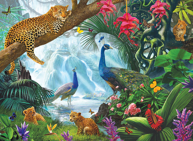 Peacock and Leopards, 1000 Pieces, SunsOut | Puzzle Warehouse