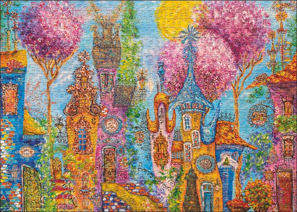 Charming Village, Pink Trees Contemporary & Modern Art Jigsaw Puzzle