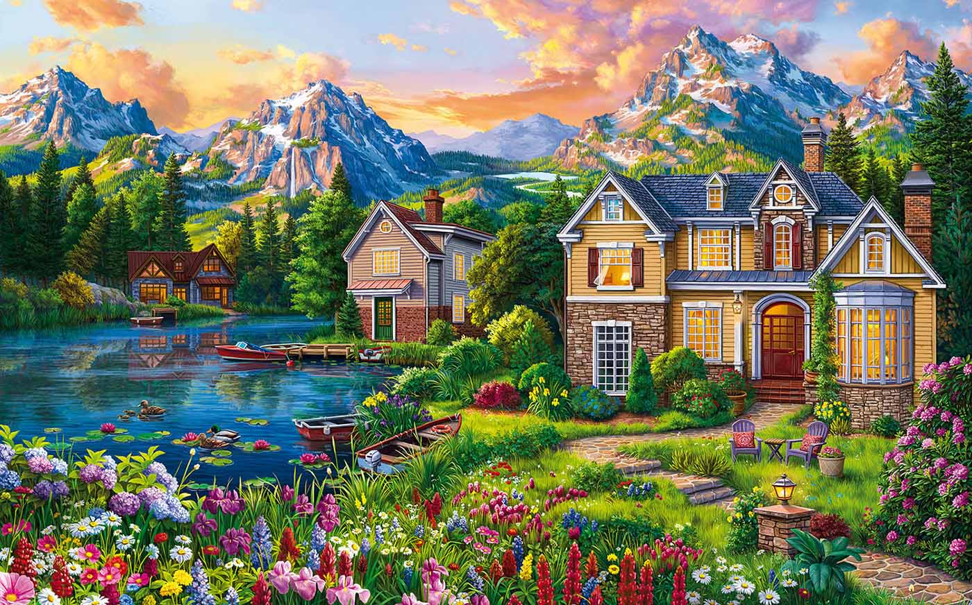 Cozy Lake House Mountain Jigsaw Puzzle