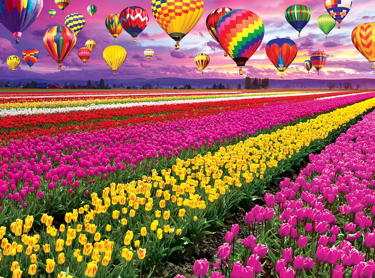 Sunset Balloons Over Tulip Field Flower & Garden Jigsaw Puzzle