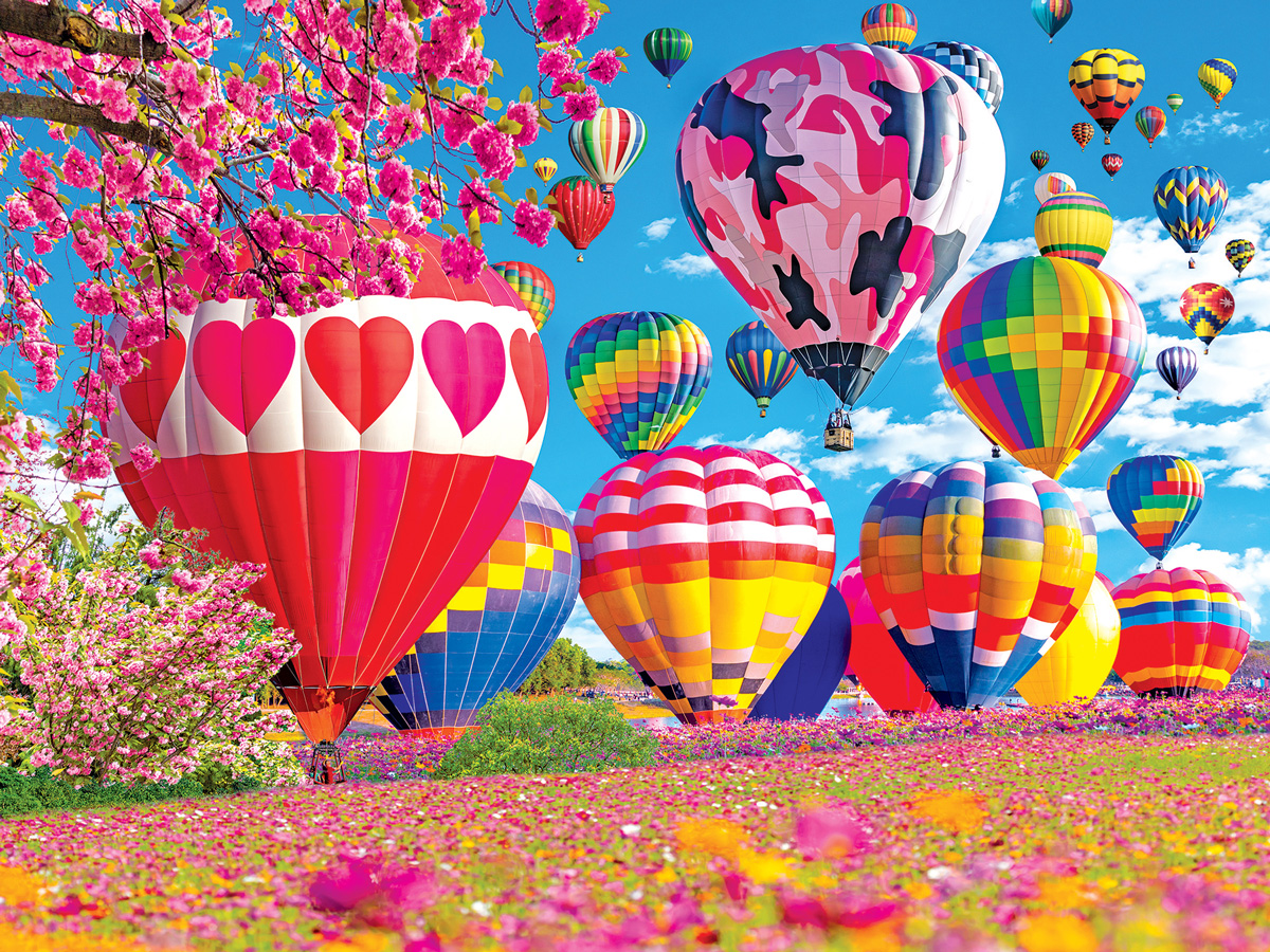 Pretty Hearts and Springtime Balloons Hot Air Balloon Jigsaw Puzzle