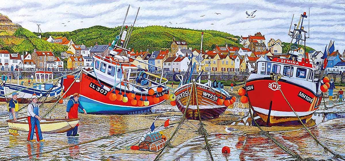Seagulls at Staithes Boats Jigsaw Puzzle