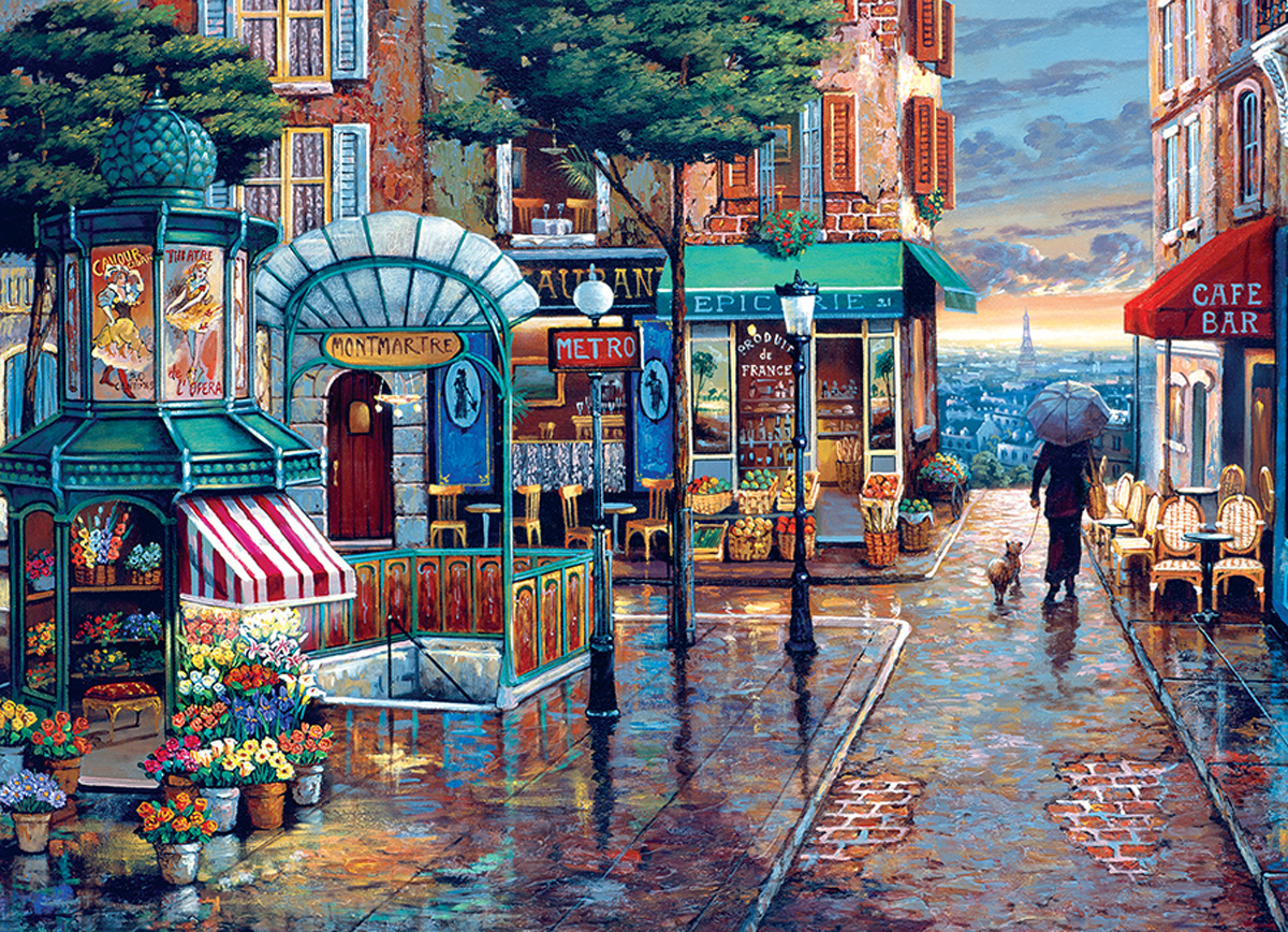 Rainy Day Stroll Street Scene Jigsaw Puzzle