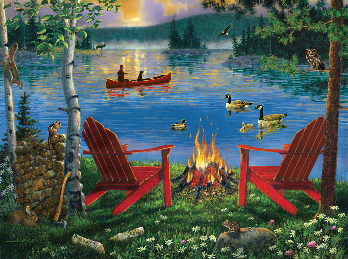 Adirondack Chairs & Fire at Lake Lakes & Rivers Jigsaw Puzzle
