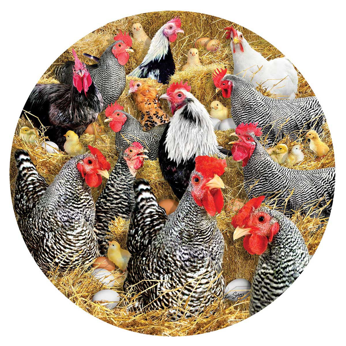 Chickens and Chicks Farm Animal Round Jigsaw Puzzle
