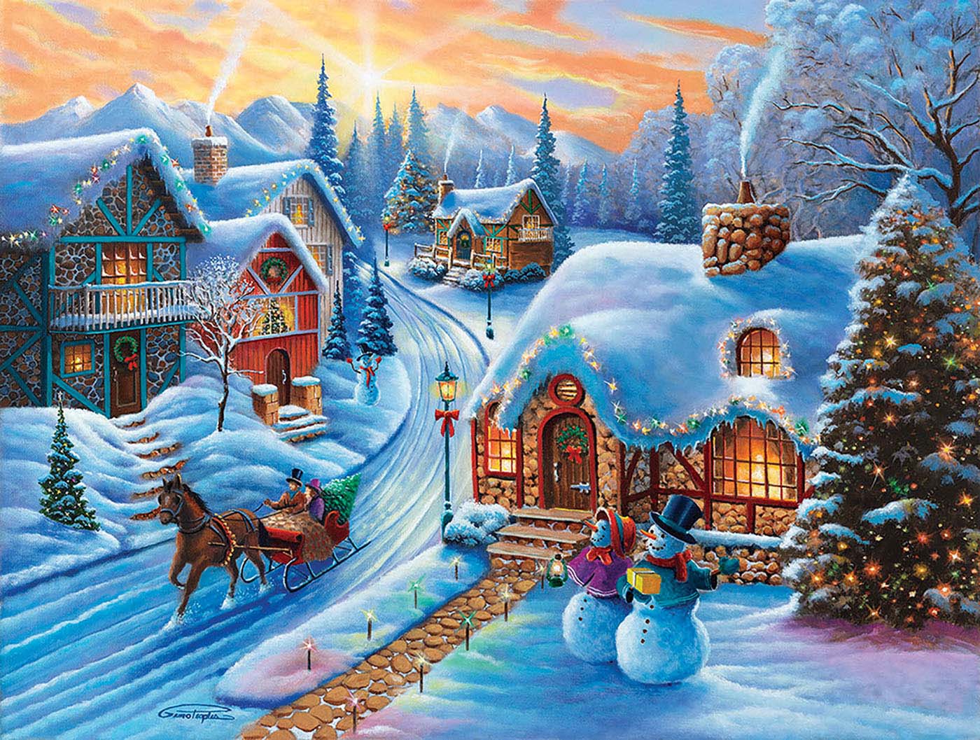 Sunset Christmas Village Christmas Jigsaw Puzzle