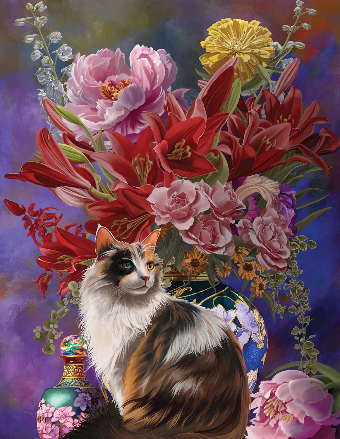 Cats and Flowers four Chinoiserie Cats Jigsaw Puzzle