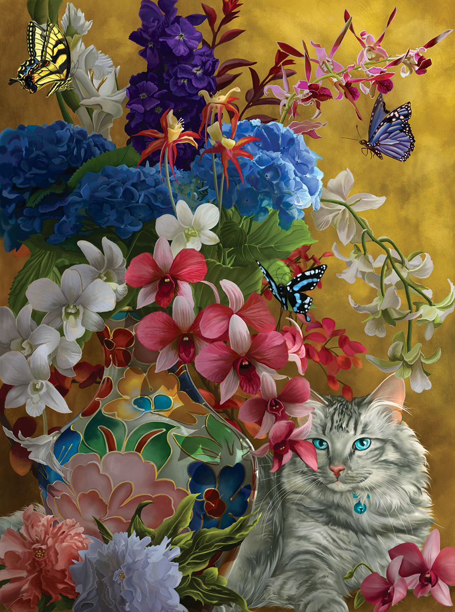 Gilded Cats And Flowers