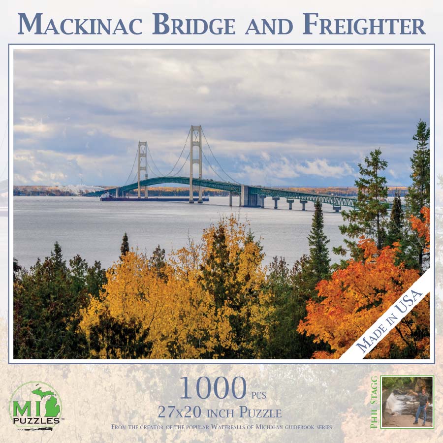 Mackinac Bridge And Freighter Fall Jigsaw Puzzle