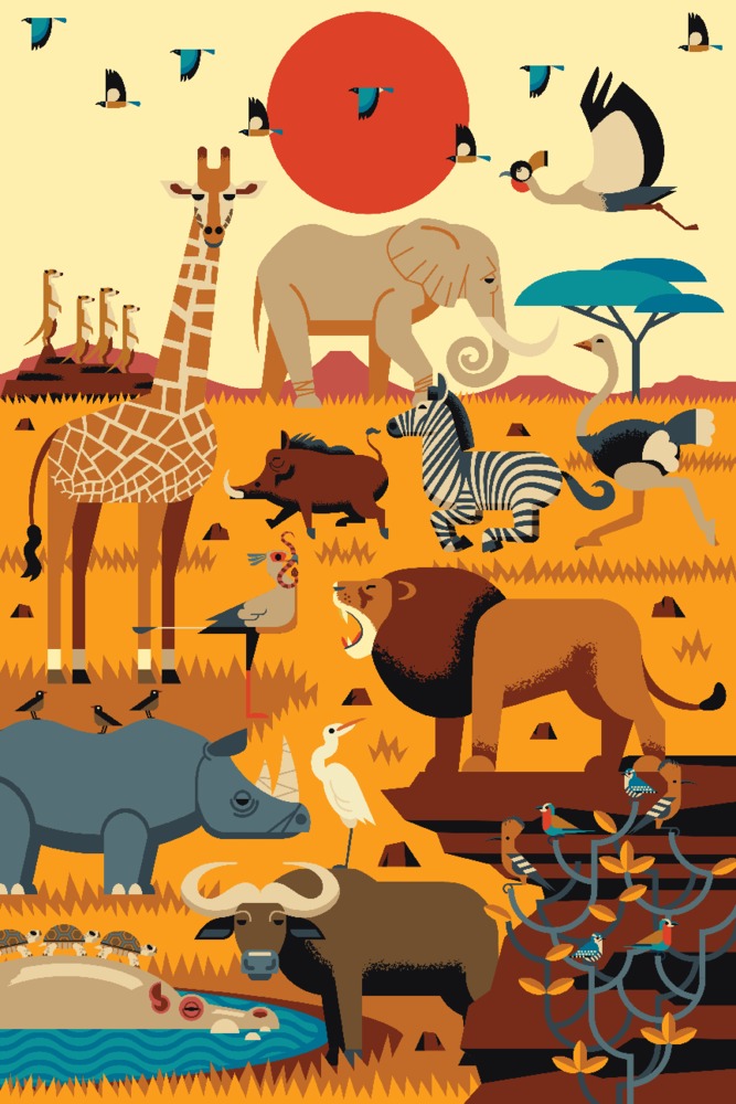 Savanna Animals, Textured Geometric Jungle Animals Jigsaw Puzzle