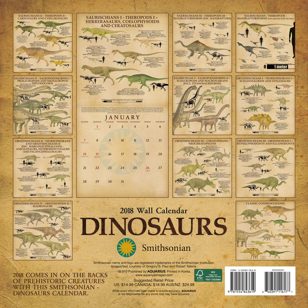 Smithsonian Dinosaur 2018 Wall Calendar, Aquarius Puzzle Warehouse