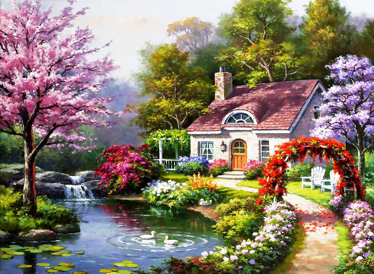 Spring Cottage In Full Bloom Spring Jigsaw Puzzle