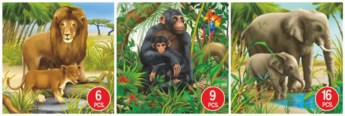 Lion, Monkey, & Elephant Animal 3-Pack Jungle Animals Jigsaw Puzzle