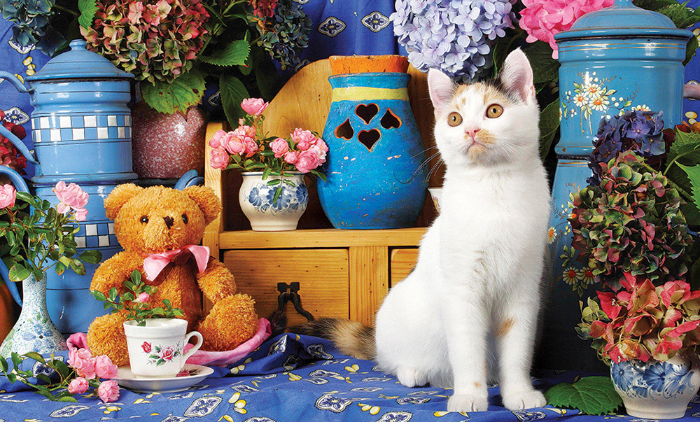 Calico Cat Sitting by a Tea Set and Teddy Bear - Scratch and Dent Cats Jigsaw Puzzle