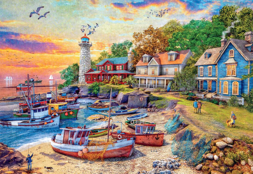 American Harbor Town Beach & Ocean Jigsaw Puzzle