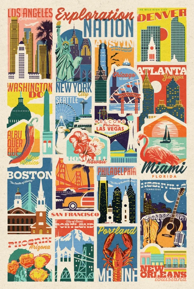 Woodblock Cities Collage, Exploration Nation - Scratch and Dent Travel