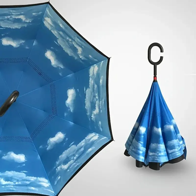 Windproof Double-Layer Reverse Umbrella with C-Handle - Cloud design