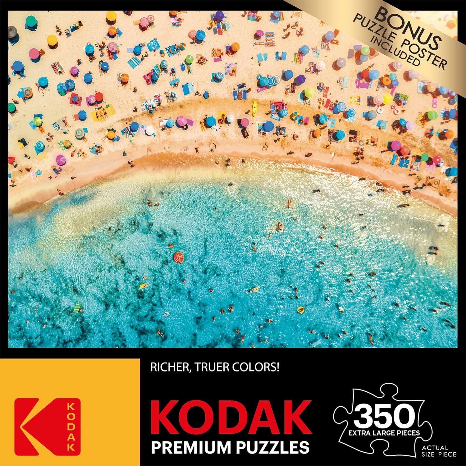 Aerial View of Sandy Beach with Colorful Umbrellas People