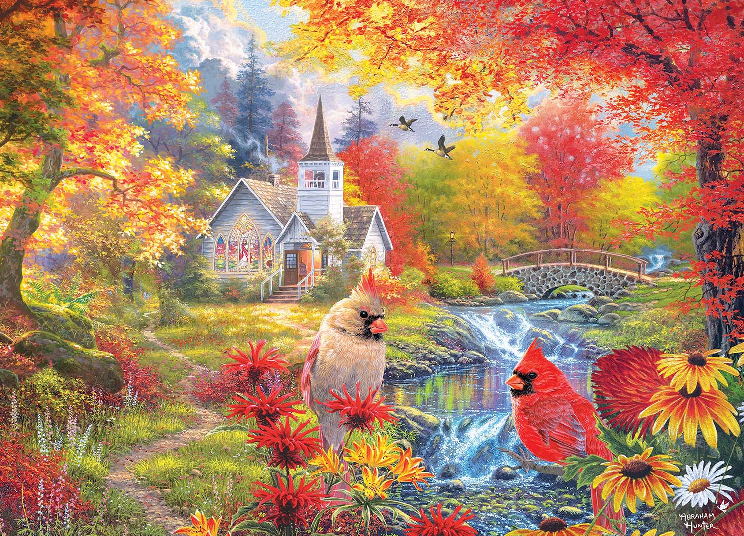 Secluded Church in Fall Birds Jigsaw Puzzle