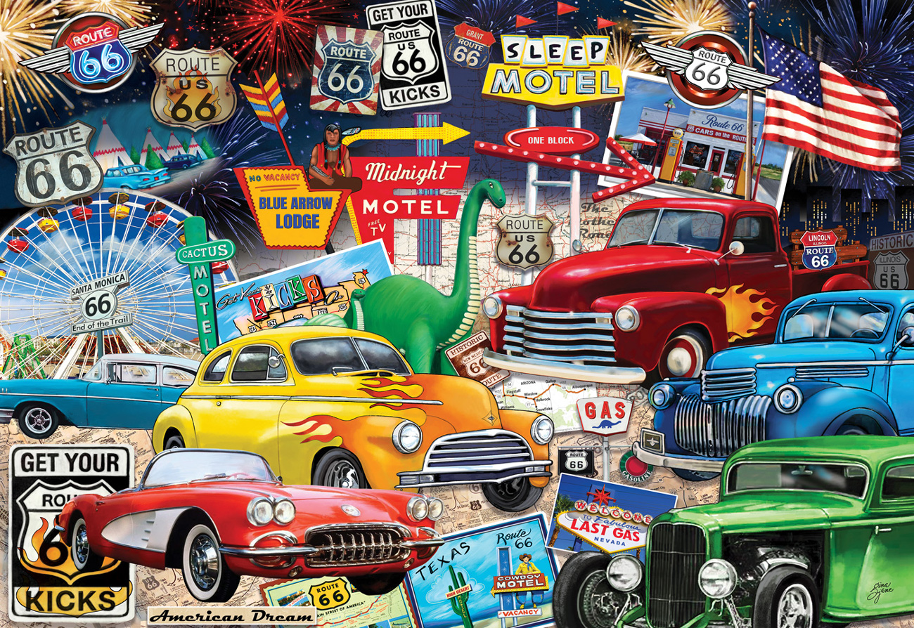 Route 66 Vintage Cars and Trucks Travel Jigsaw Puzzle