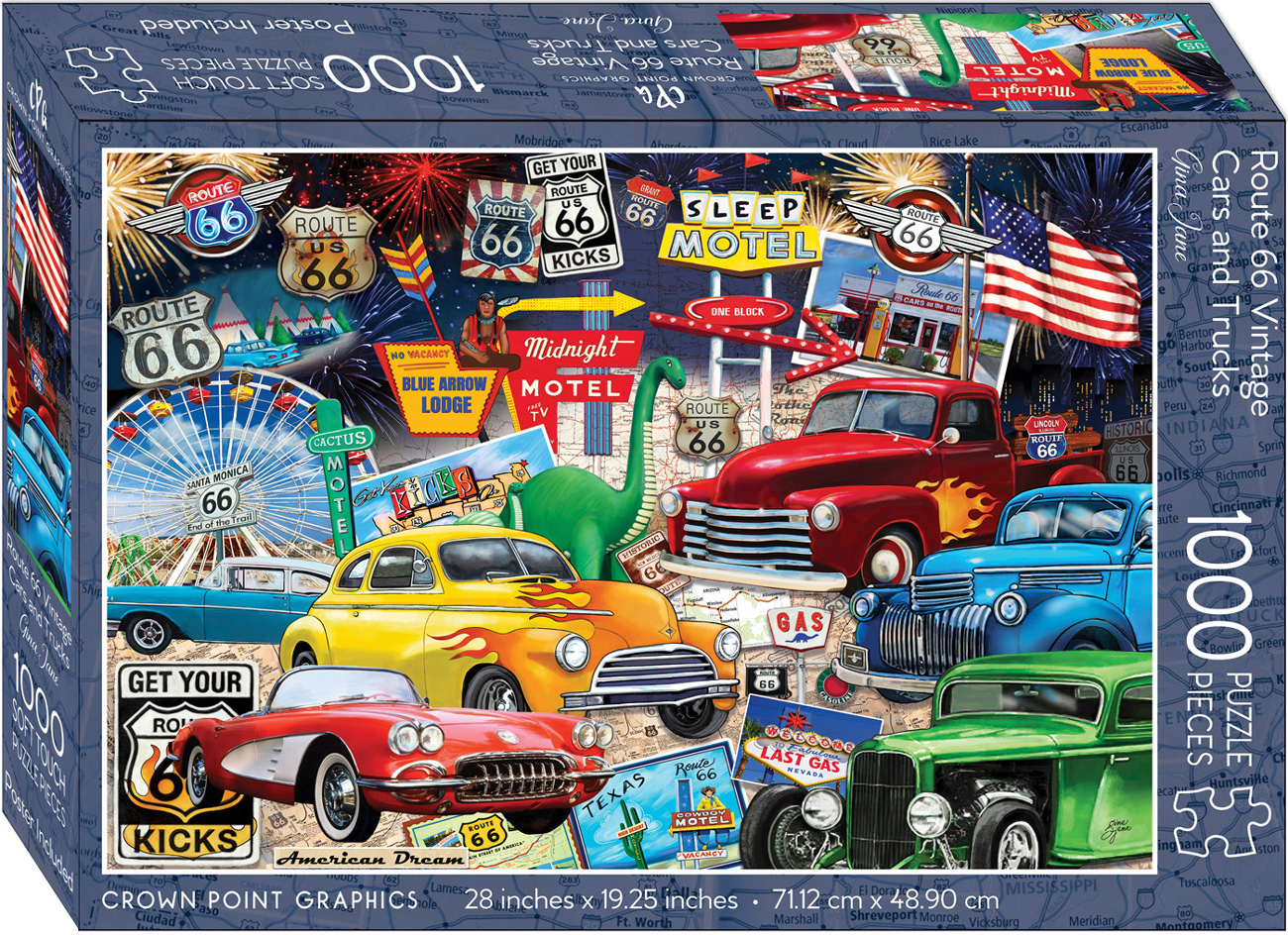 Route 66 Vintage Cars and Trucks 1000 Pieces Crown Point Graphics Puzzle Warehouse