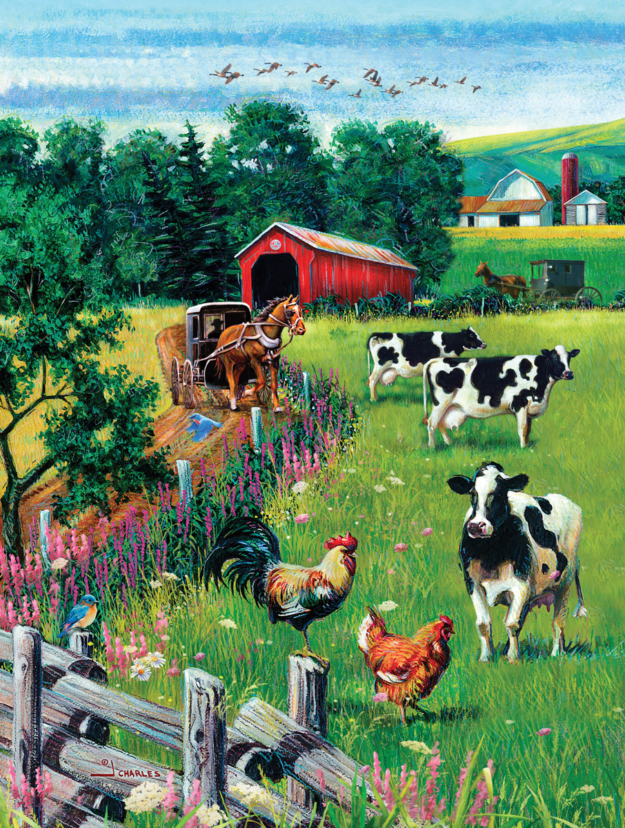 Covered Bridge and Rooster Countryside Jigsaw Puzzle