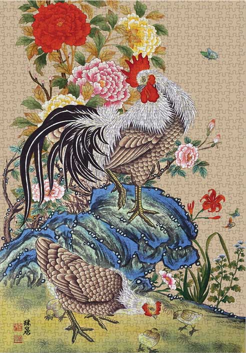 A Peony And Rooster Farm Animal Jigsaw Puzzle