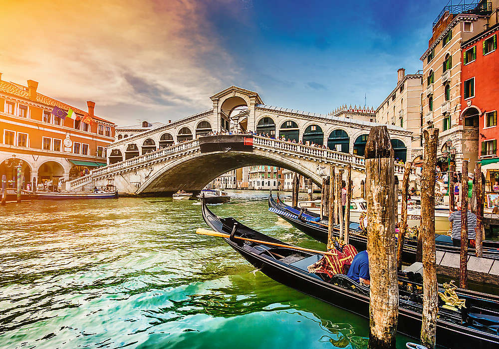 Romantic Sunset Rialto Bridge, Venice Italy Boat Jigsaw Puzzle