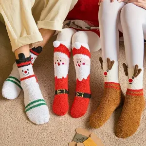 3 Pairs Plush Christmas Socks  - Snowman, Santa & Reindeer By Gift Solutions