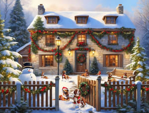 Dogs in a Christmas Cottage Garden Christmas By All Jigsaw Puzzles