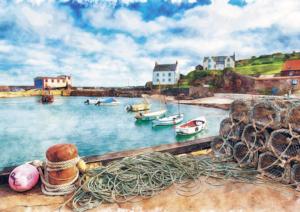 Watercolor Boat & Fishnet Seascape / Coastal Living Jigsaw Puzzle By Pierre Belvedere