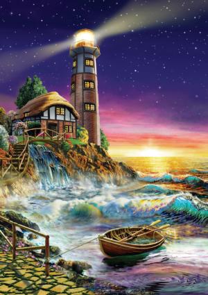 Sunset By The Lighthouse Beach & Ocean Jigsaw Puzzle By Heidi Arts