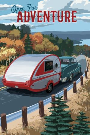 Open for Adventure, Retro Camper on Road, Painterly Camping Jigsaw Puzzle By Lantern Press