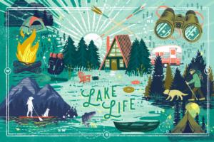 Lake Life Series, Collage, Landscape With Mountain Camping Jigsaw Puzzle By Lantern Press