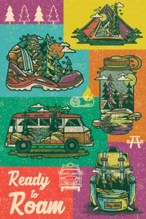 Distressed Vector, Collage, Ready To Roam Camping Jigsaw Puzzle By Lantern Press