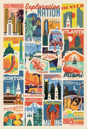 Woodblock Cities Collage, Exploration Nation Collage Jigsaw Puzzle By Lantern Press