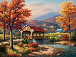 Covered Bridge in Fall Lakes / Rivers / Streams Jigsaw Puzzle By SunsOut
