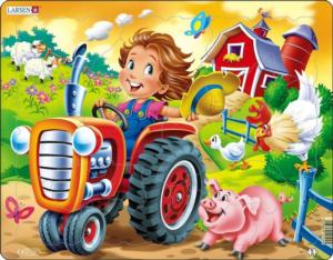 On the Farm: Tractor Racing a Pig Children's Cartoon Shaped Pieces By Larsen Puzzles