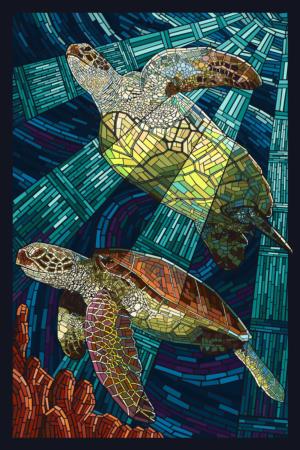 Sea Turtle, Paper Mosaic Sea Life Jigsaw Puzzle By Lantern Press