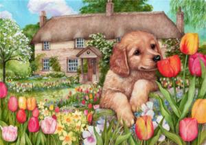 Puppy at Tulip Cottage Garden Jigsaw Puzzle By All Jigsaw Puzzles