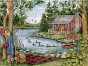 Picnic By The Lake Cabin & Cottage Jigsaw Puzzle By Lang