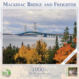 Mackinac Bridge And Freighter