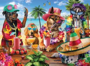 Dogs Drinking Smoothies On A Tropical Beach