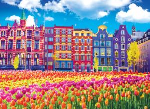 Traditional Old Buildings And Tulips In Amsterdam
